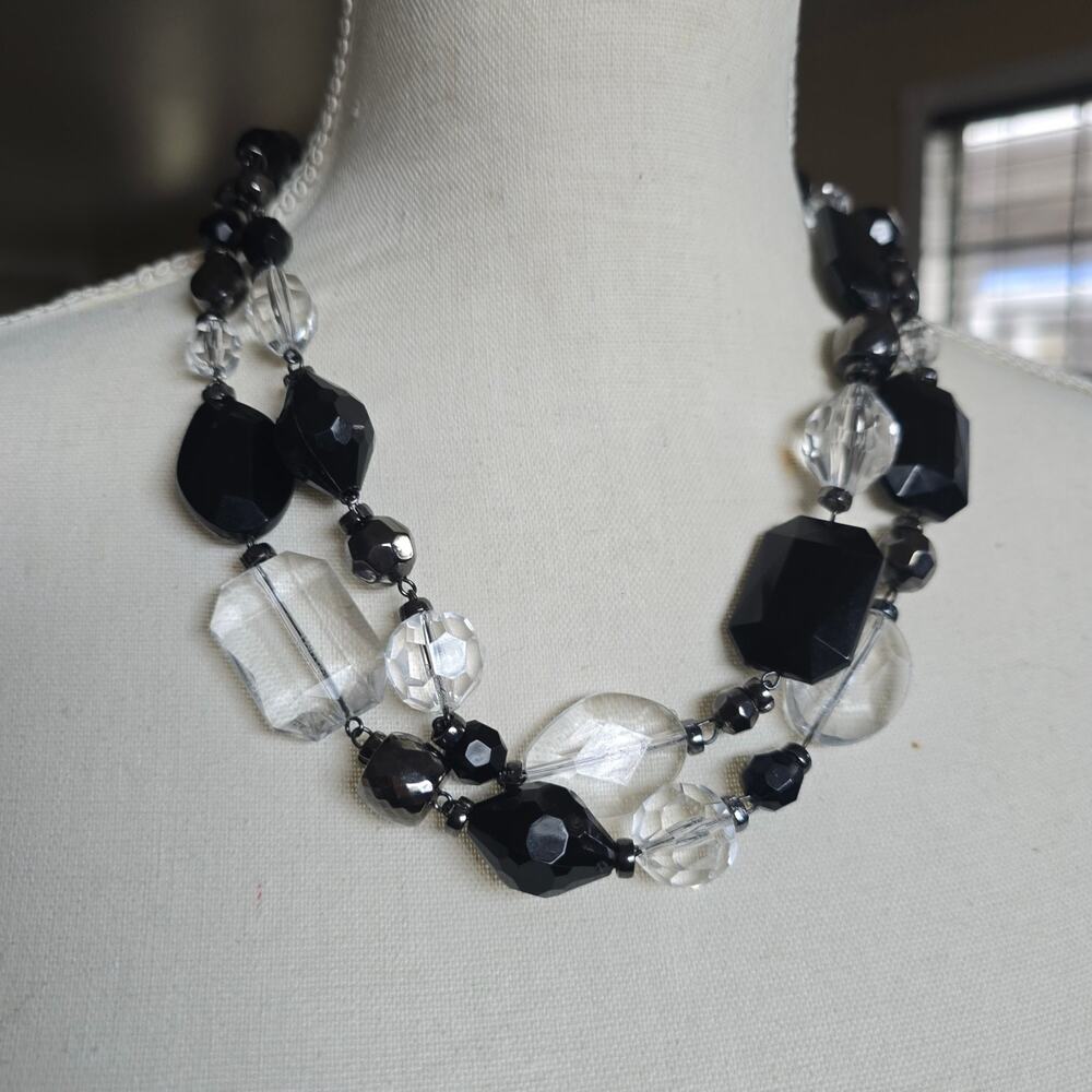 Necklace Chunky Clear Black Double Strand Necklace 18" Vintage Style SKU 3359